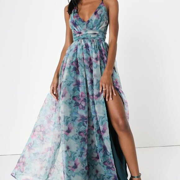 Lulus Dresses & Skirts - Lulus Romance That Wows Dark Teal Floral Print Organza Maxi Dress Blue